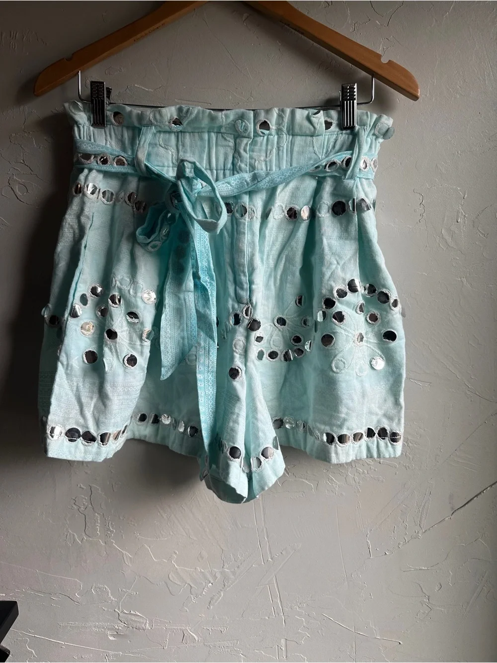 Juliet Dunn London‎ Aqua Mirror Embellished Shorts Boho Resort Luxe Beach Sz M